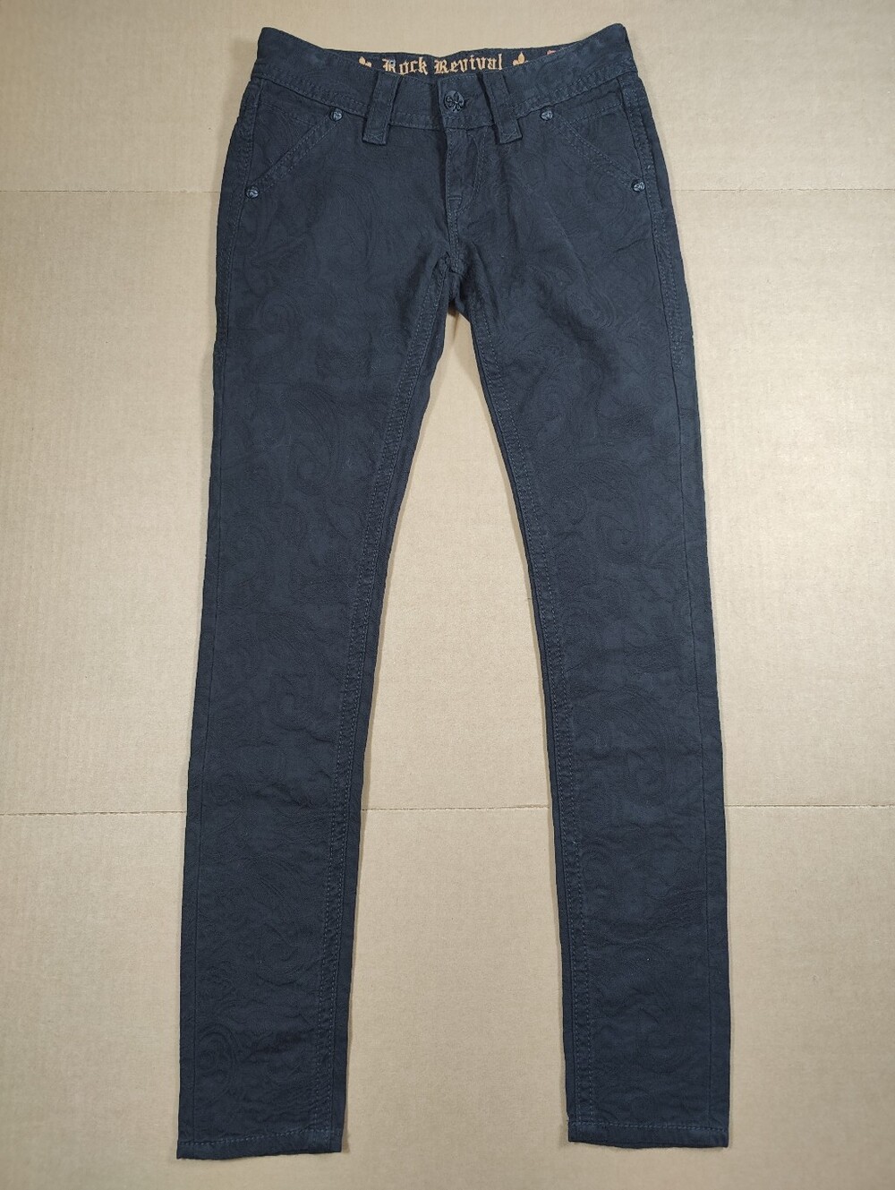 Rock Revival Black Paisley Jacquard Sequin Pocket Skinny Jeans Size 25 (28Wx31L)